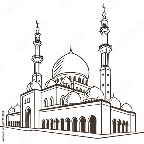 Hand-Drawn Sheikh Zayed Grand Mosque Illustration, Detailed Abu Dhabi Landmark Line Art with Transparent Background. Perfect for: Ramadan, Abu Dhabi tourism
