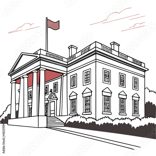Hand-Drawn White House Illustration, Detailed Washington DC Landmark Line Art with Transparent Background. Perfect for: Independence Day, Washington D.C. tourism