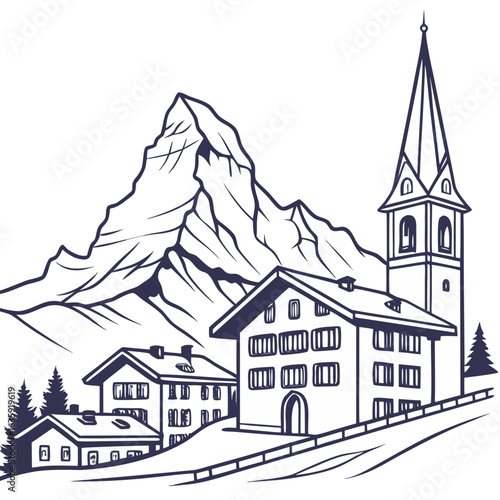 Hand-Drawn Zermatt Village and Matterhorn Illustration, Detailed Swiss Landmark Line Art with Transparent Background. Perfect for: Swiss National Day, Zermatt tourism