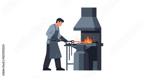 Blacksmith working Heating metal with tongs in furnace. Flame and anvil are nearby