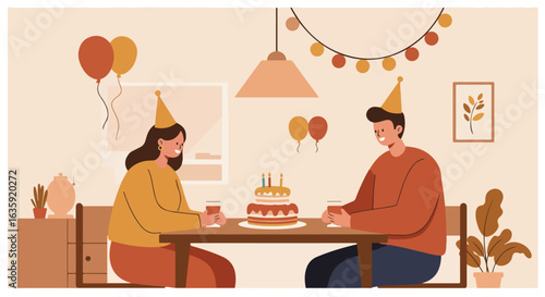 Couple Celebrating a Birthday cake, balloons, and party hats. Cozy illustration