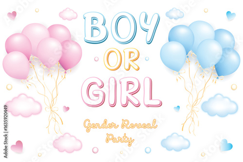 Boy or girl gender reveal party, vector illustration with the words boy or girl and a bunch of pink and blue balloons on a white background with hearts, clouds and colorful elements, eazy to edit