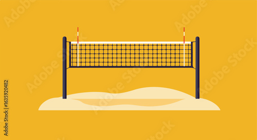 Net stands tall on sand with markers. Ready for a friendly game. Flat style
