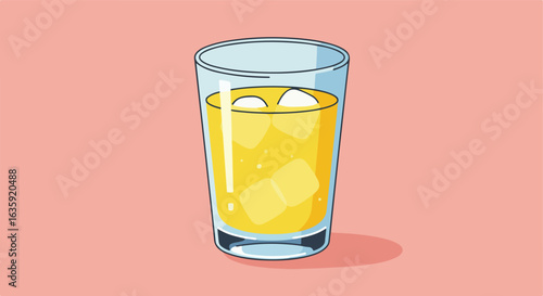 Tall glass with yellow juice and ice cubes. Isolated on pink background. Flat style