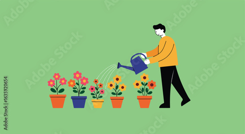 Watering flowers. Potted plants getting watered by someone on a green backdrop