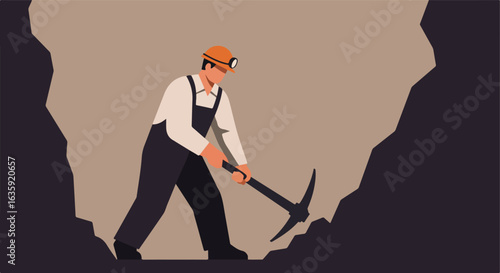 Miner works with pickaxe. He has safety equipment. He is inside of cave