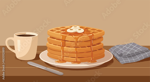 Waffles breakfast plate. Waffles, syrup, butter, coffee, knife, towel on brown wood