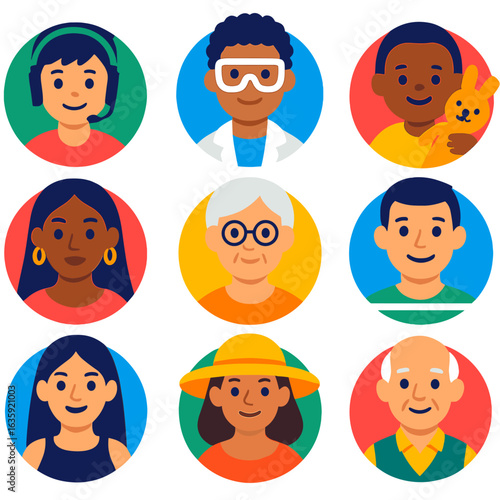 Vibrant Avatar Icons. Flat vector icons of people avatar (round): teen gamer with headset, scientist with goggles, preschooler