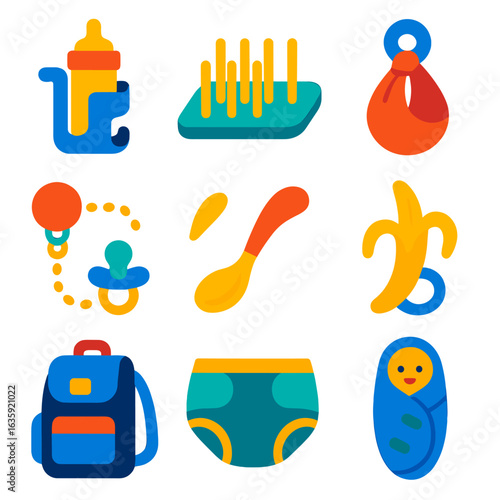 Vibrant Baby Care Icons. Flat vector icons of baby care: stroller cup holder, bottle drying mat, fabric baby sling. Detachable