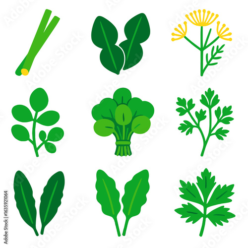 Colorful Culinary Herbs Icons. Flat vector icons of culinary herbs: lemongrass stalks, kaffir lime leaves, dill flower head.