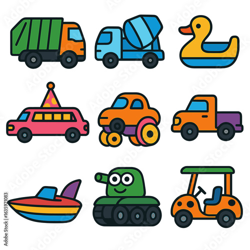 Quirky Transport Icons. Flat vector icons of transport in cartoon style: cartoon garbage truck, baby-blue cement mixer,