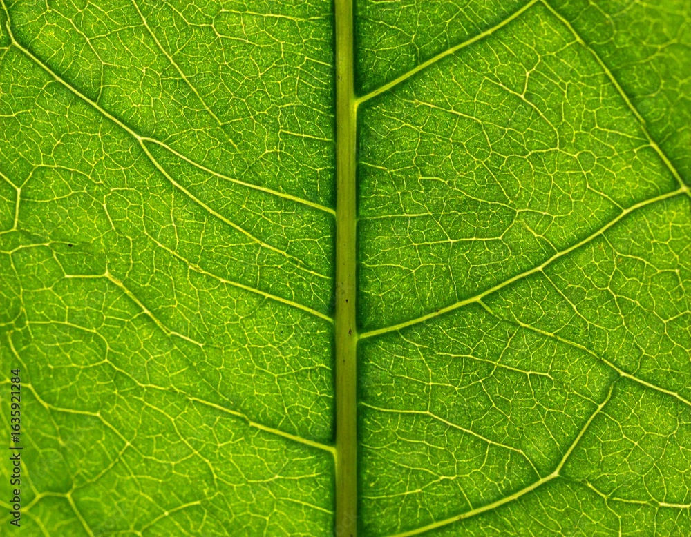 Obraz premium Close-up view of a vibrant green leaf's intricate vein structure.