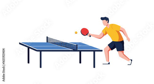 A person hitting a yellow ball with a red paddle on a blue ping pong table