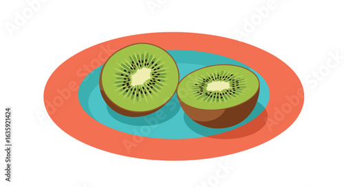 Two kiwi halves present green flesh with black seeds, brown skin, on an oval dish