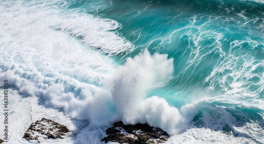 Fototapeta premium Powerful Ocean Wave Crashing on Rocks Turquoise Water Landscape Photography Coastal Scene Nature Stock Image