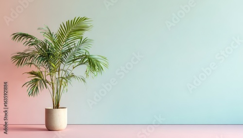 Palm plant in neutral pot, pastel backdrop