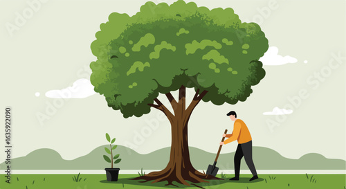 Gardening scene with person digging near tree, and plant in a pot on grass