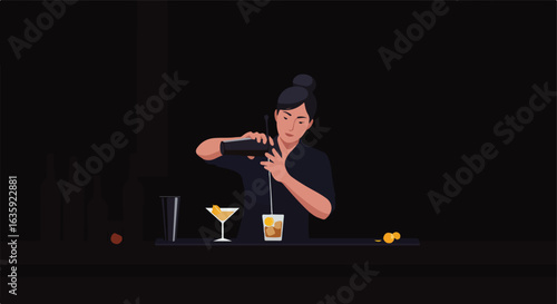 Bartender pouring cocktail at bar. Cocktails in glasses. Citrus decorations. Dark