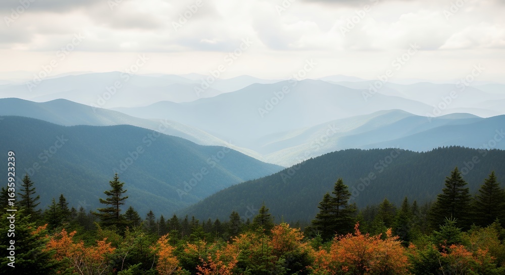 Fototapeta premium Scenic Mountain Range Landscape with Layers of Blue Haze and Lush Green Forest Trees in Autumn Colors Nature Photography