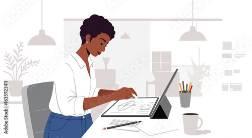 Flat illustration of woman sketching designs on a tablet in a bright workplace