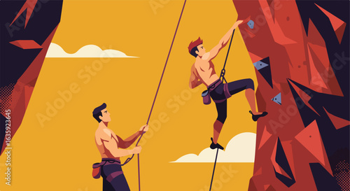 Two men rock climbing against yellow sky; one belays, one climbs rock with gear