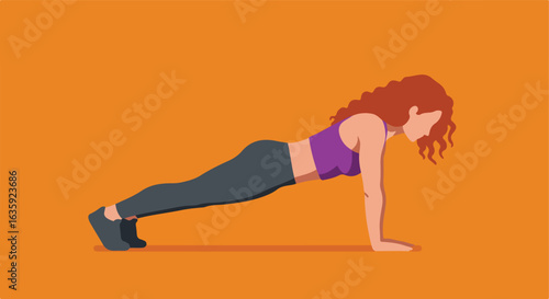 Flat vector artwork a redhead woman is doing a push-up. Orange background