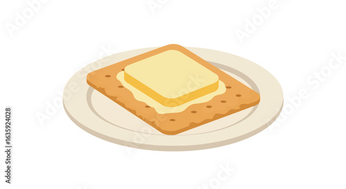 Cracker with cheese sits atop a small beige plate. Sweet savory appetizer