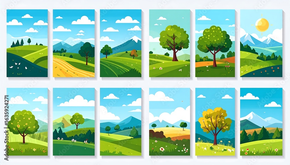 Fototapeta premium Collection of stylized landscape illustrations. Colorful scenes