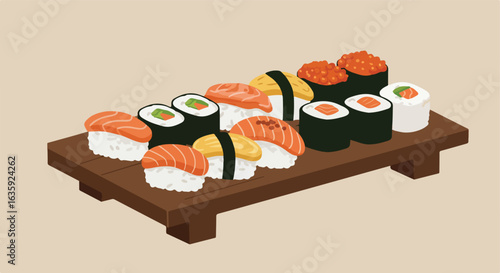 Array of assorted sushi on wooden platter salmon, egg, roe, cucumber, and rice