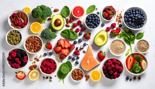Healthy assortment of fruits, vegetables, nuts, seeds, and salmon displayed on a white background for clean eating