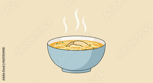 Illustration of hot noodle soup with garnish & dumplings in a blue bowl