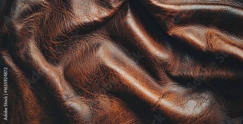 Close-up of textured brown leather surface with rich natural wrinkles and glossy highlights, capturing material quality, luxury and craftsmanship for design use.