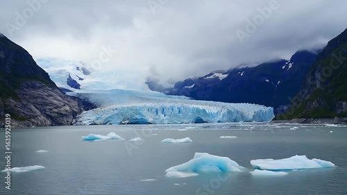 Wallpaper Mural Massive Glacier and Icebergs in a Serene Fjord Surrounded by Rugged Mountains Under a Cloudy Sky Torontodigital.ca