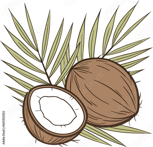 An isolated, ripe coconut with a fresh green leaf, perfect for a healthy food and diet illustration