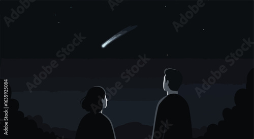 Couple gazing skyward at meteor shower under a starry night above trees on horizon
