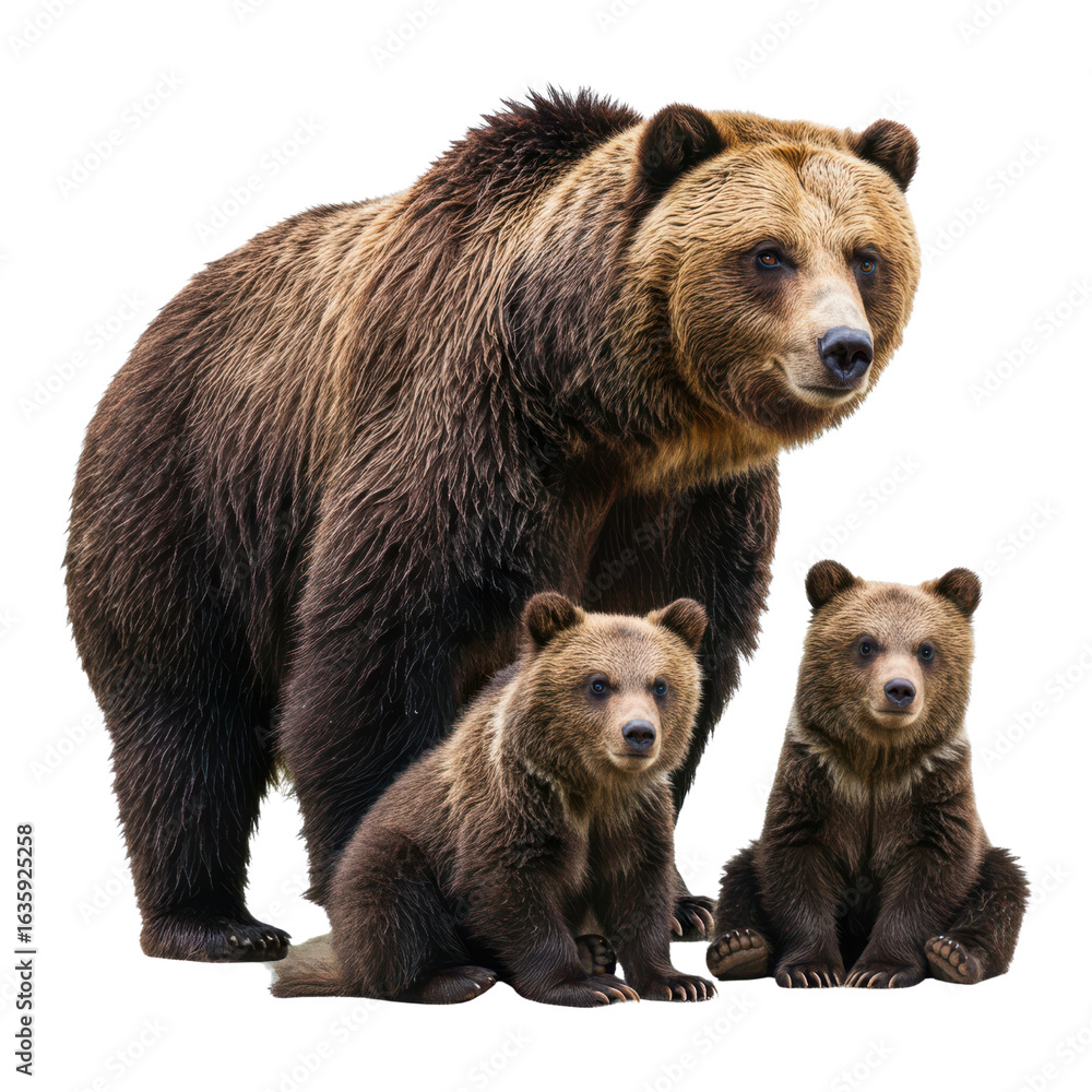 Fototapeta premium Grizzly bear with two cubs isolated PNG with Transparent Background