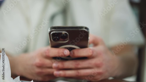 White man hand showing some reddish knuckles holding black apple phone in clear pouch while pressing screen closeup, soft background blur, focus on beauty, gesture and protective case