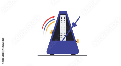 Blue metronome with pointer. It has yellow knobs and colored arrows indicating motion
