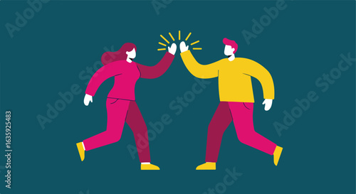 Team members celebrating their success with a high five. Dark cyan background