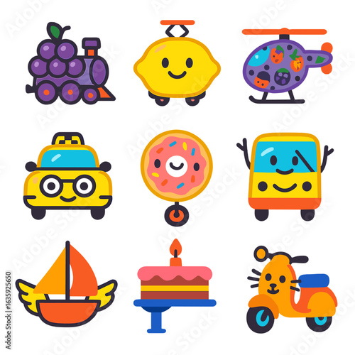 Cartoon Transport Icons. Flat vector icons of transport in cartoon style: grape train, lemon face tram, berry-patterned helicopter