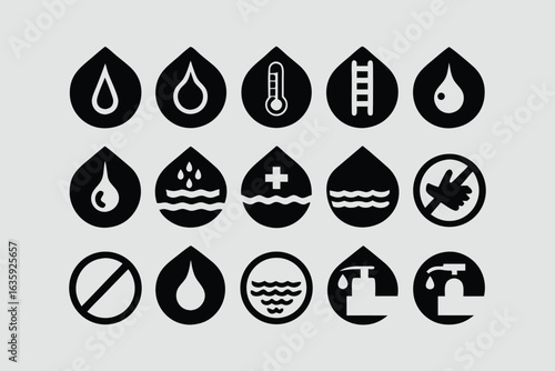 Water icon set. Containing drop, rain, tap, h2o, waterproof, glass of water, shower, drinking water and more. Solid vector icons collection.
