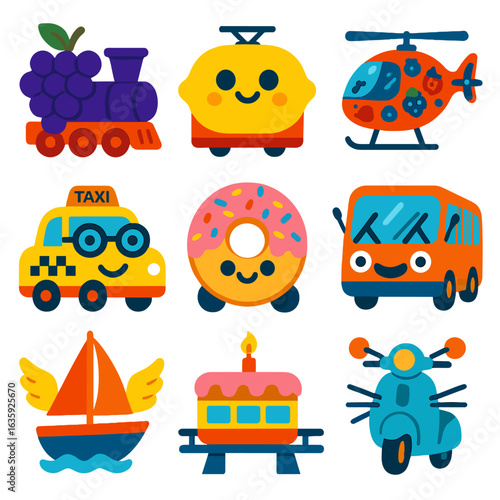 Cartoon Transport Icons. Flat vector icons of transport in cartoon style: grape train, lemon face tram, berry-patterned helicopter
