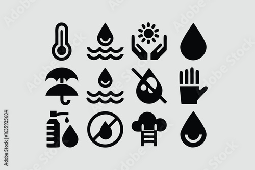 Water icon set. Containing drop, rain, tap, h2o, waterproof, glass of water, shower, drinking water and more. Solid vector icons collection.