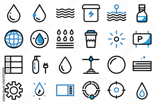Water icon set. Containing drop, rain, tap, h2o, waterproof, glass of water, shower, drinking water and more. Solid vector icons collection.