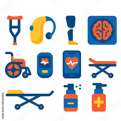 Healthcare Icon Set. Flat vector icons of health care and medicine: crutch, hearing aid, prosthetic limb. Brain scan image,