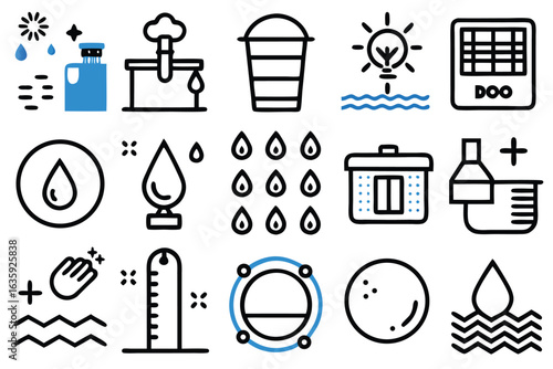 Water icon set. Containing drop, rain, tap, h2o, waterproof, glass of water, shower, drinking water and more. Solid vector icons collection.