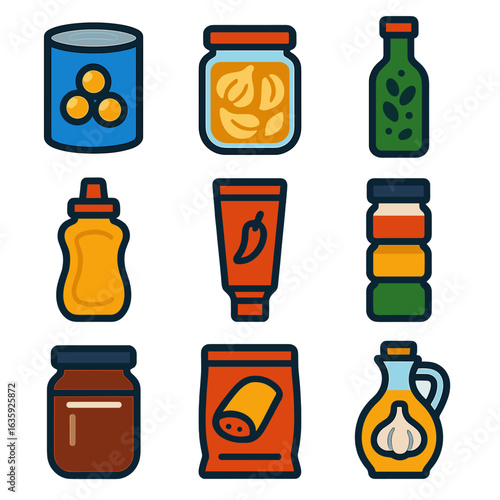 Bold Pantry Icons. Flat vector icons of pantry staples and condiments: tin of chickpeas, jar of roasted garlic cloves, bottle of