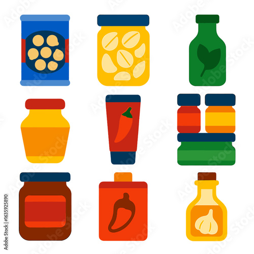 Bold Pantry Icons. Flat vector icons of pantry staples and condiments: tin of chickpeas, jar of roasted garlic cloves, bottle of