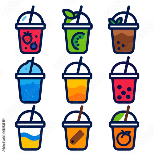 Vibrant Beverage Icons. Flat vector icons of drink plastic cup with straw: summer berry drink with triple fruit design, kiwi-lime