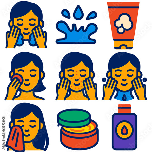 Facial Cleansing Icons. Flat vector icons of facial cleansing steps: wash face icon, splash water symbol, foaming cleanser, wipe